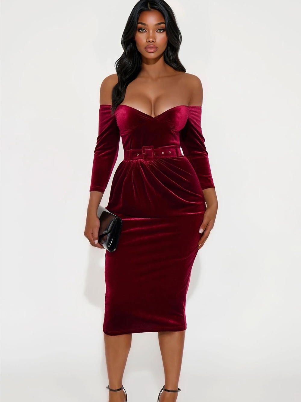 Fashion Nova Off-Shoulder Velvet Midi Dress in Burgundy Wine